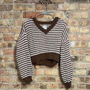 Hippie Rose Brown and White V-Neck Cropped Sweater